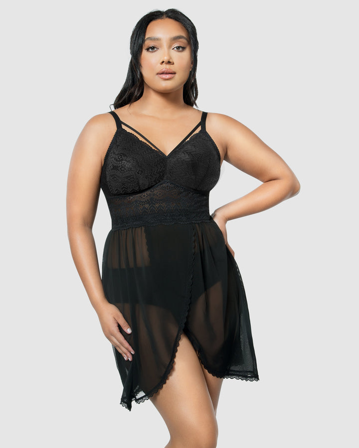 Mia Lace & Mesh Padded Full Bust Chemise-Black-P5959