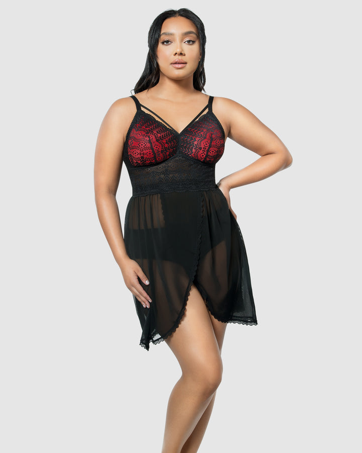 Mia Lace & Mesh Padded Full Bust Chemise-Black-P5959