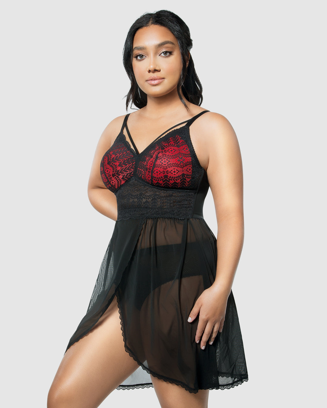 Mia Lace & Mesh Padded Full Bust Chemise-Black-P5959