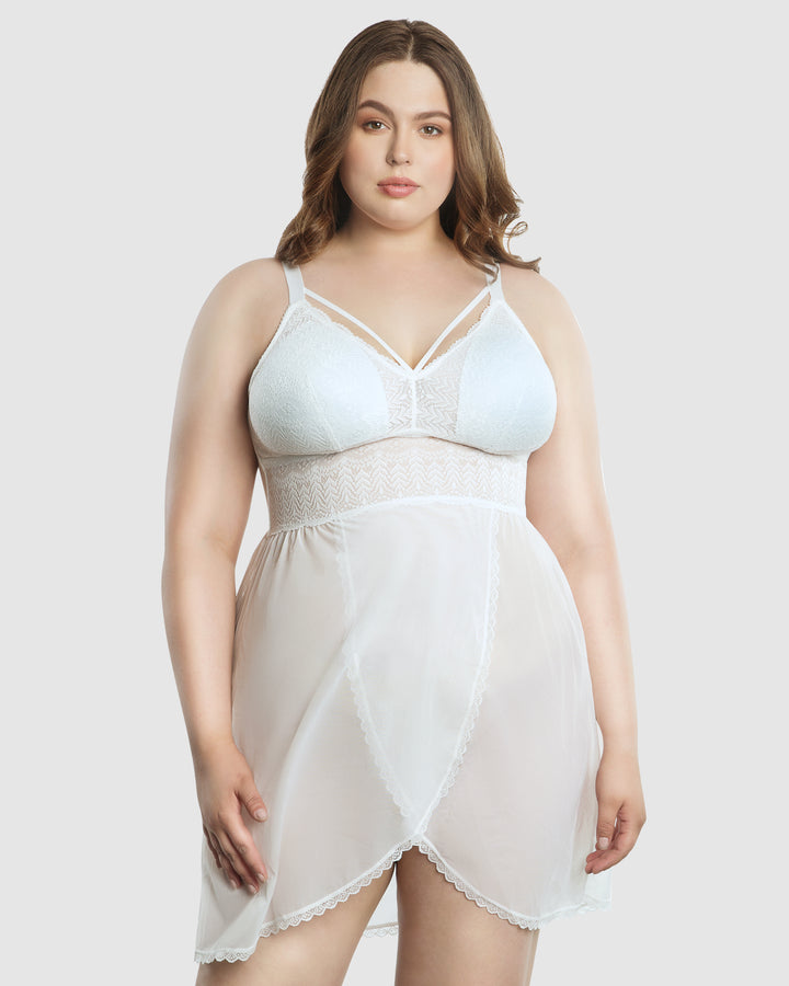 Mia Lace & Mesh Padded Full Bust Chemise-Pearl White-P5959