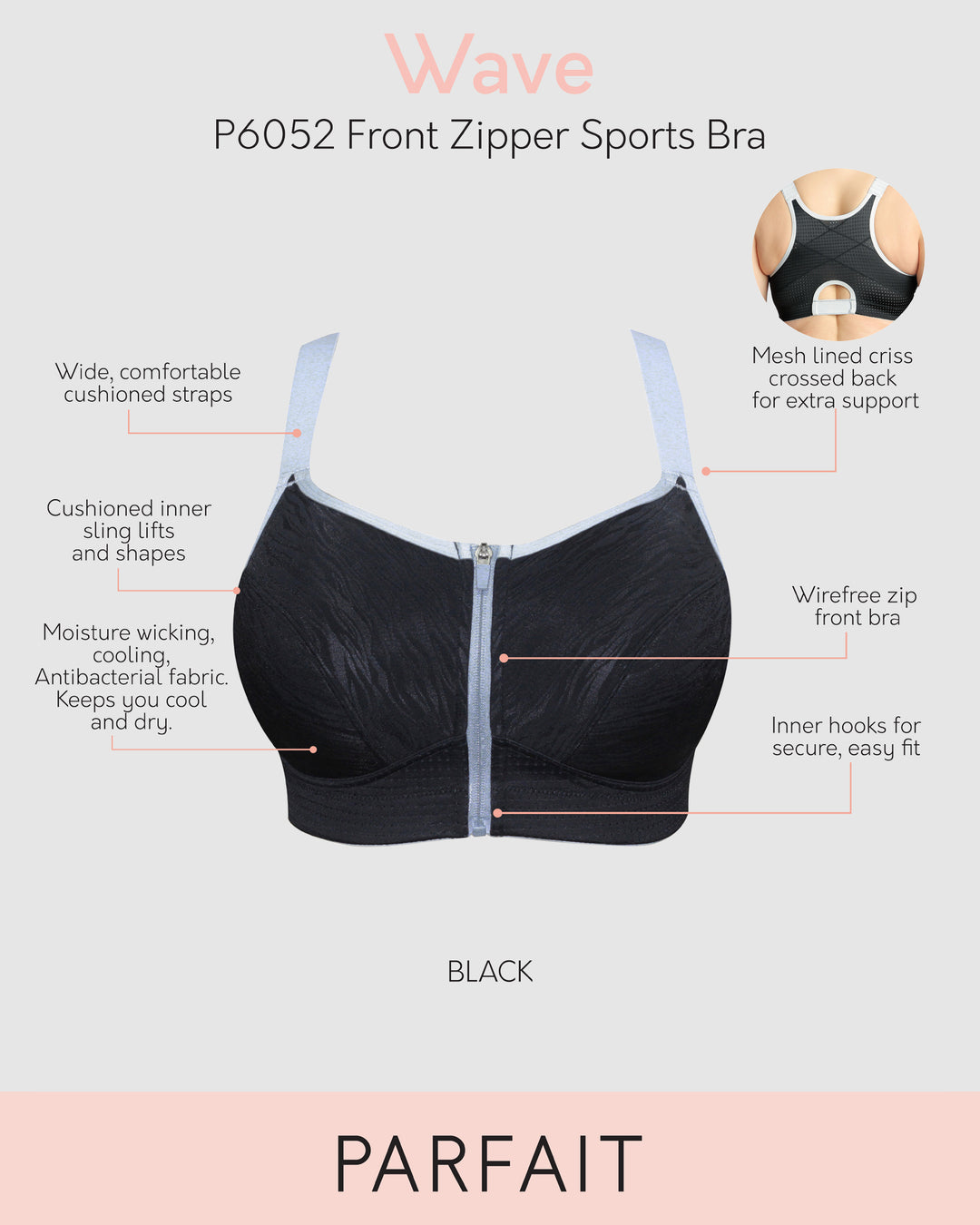 Wave Wirefree Zip Front Sports Bra-Black-P6052