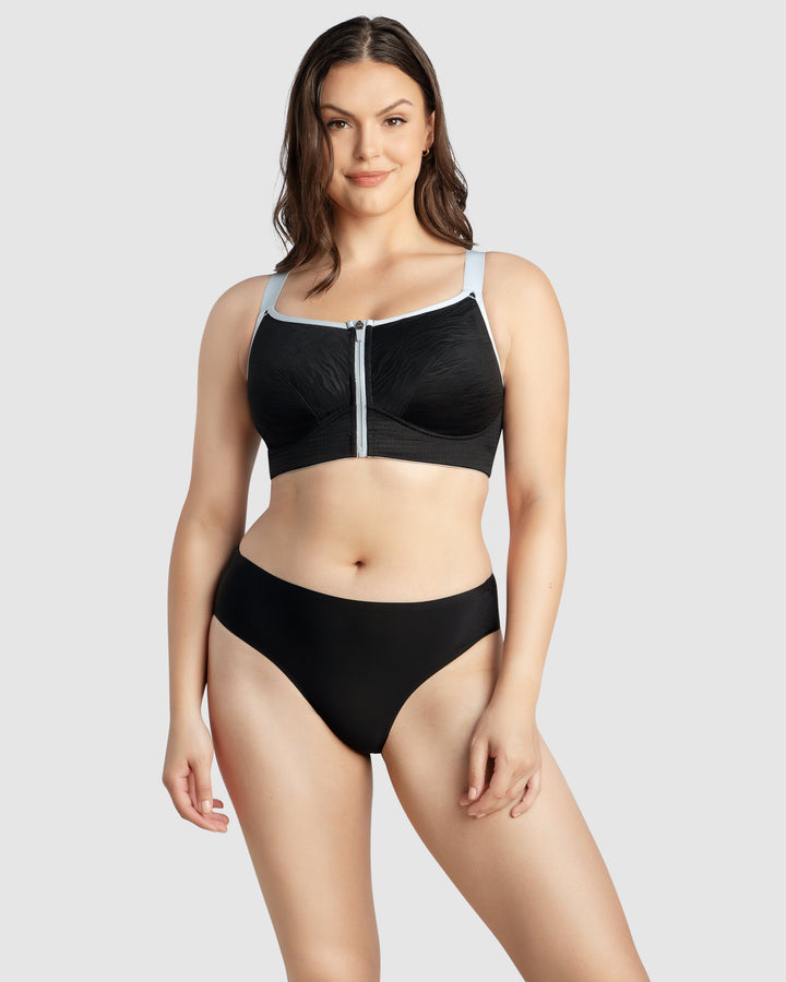 Wave Wirefree Zip Front Sports Bra-Black-P6052