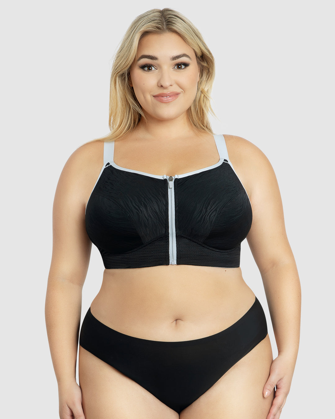 Wave Wirefree Zip Front Sports Bra-Black-P6052