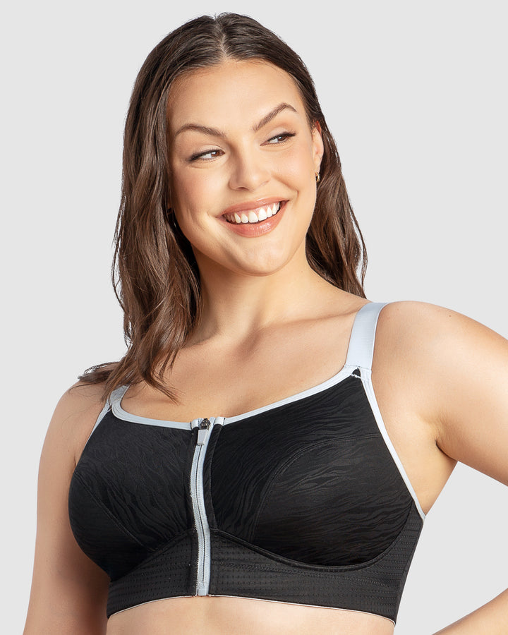 Wave Wirefree Zip Front Sports Bra-Black-P6052